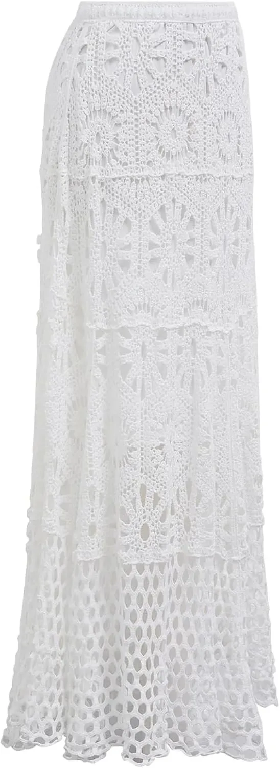 CHICWISH Women Bohemian Cutwork Crochet Maxi Skirt Hollow Out High Elastic Waist Summer Vacation Beach Long Skirts