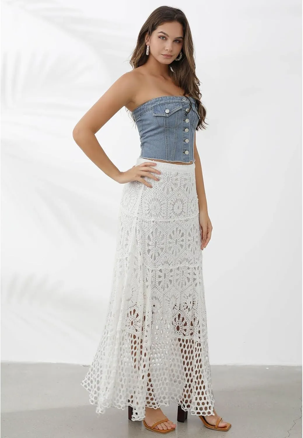 CHICWISH Women Bohemian Cutwork Crochet Maxi Skirt Hollow Out High Elastic Waist Summer Vacation Beach Long Skirts