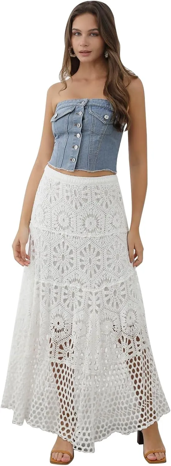 CHICWISH Women Bohemian Cutwork Crochet Maxi Skirt Hollow Out High Elastic Waist Summer Vacation Beach Long Skirts