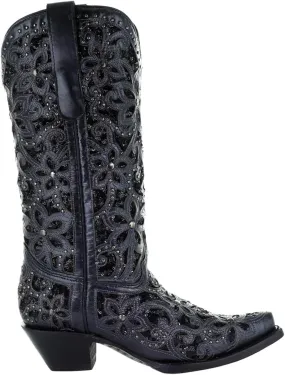 CORRAL LADIE'S BLACK INLAY & EMBROIDERY & STUDS, SNIP TOE, LEATHER SOLE, WESTERN, A3752