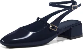 Coutgo Womens Mary Jane Chunky Low Heels Closed Square Toe Ankle Strap Pumps Wedding Party Dress Shoes