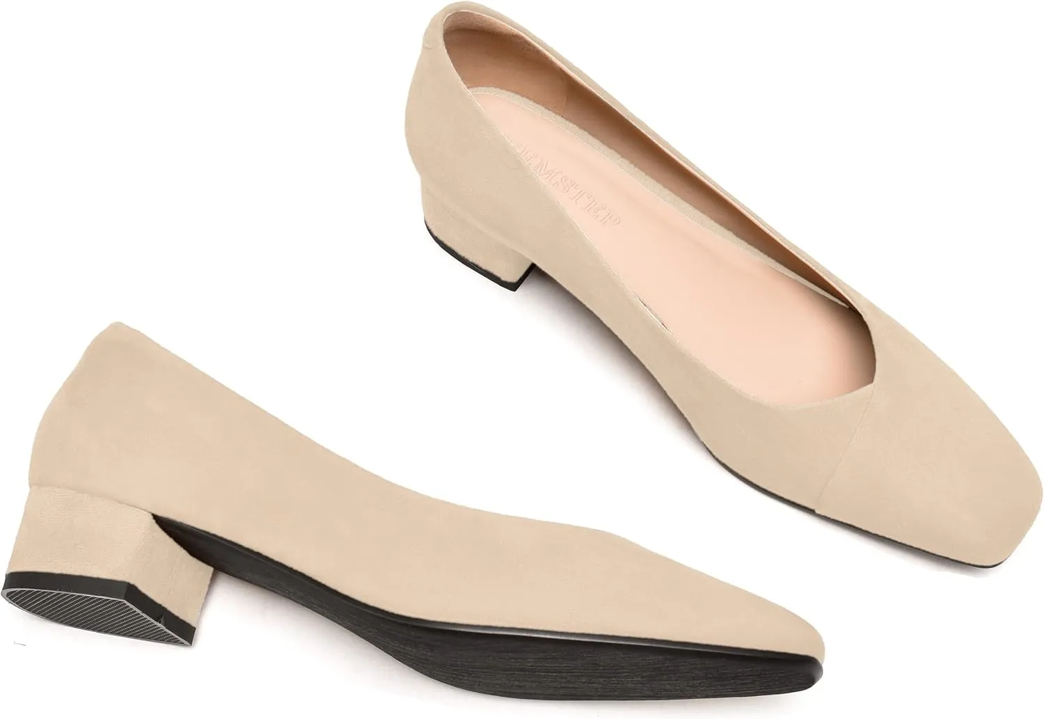 FEMSTEP Womens Suede Leather Formal Slip On Office Square Toe Chunky Low Heel Pumps Shoes 1.5 Inch