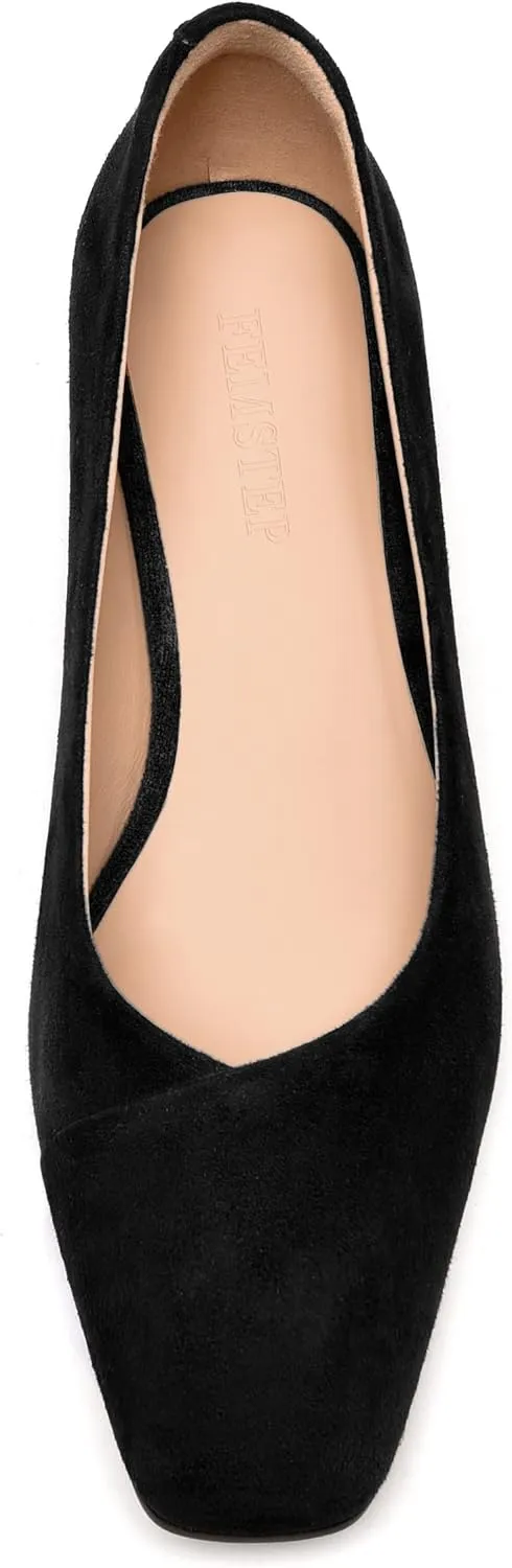 FEMSTEP Womens Suede Leather Formal Slip On Office Square Toe Chunky Low Heel Pumps Shoes 1.5 Inch
