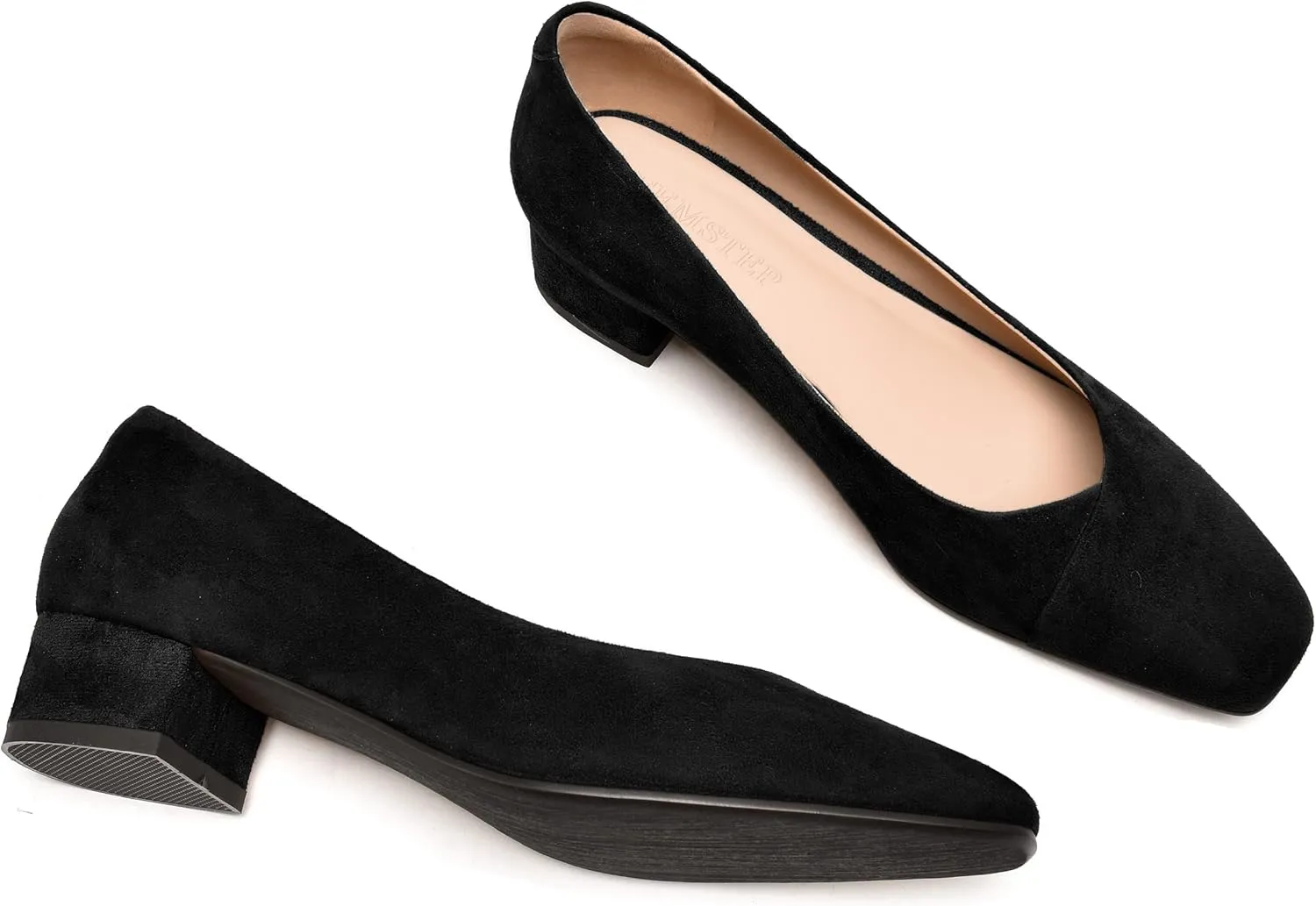 FEMSTEP Womens Suede Leather Formal Slip On Office Square Toe Chunky Low Heel Pumps Shoes 1.5 Inch