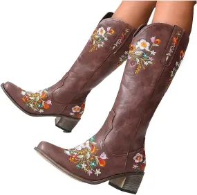 Hbeylia Cowboy Boots For Women Vintage Ethnic Western Cowgirls Boots Flower Embroidered Pointed Toe Chunky Heels Mid Calf Knight Riding Boots Boho Retro Winter Fall Dress Tall Boots For Ladies