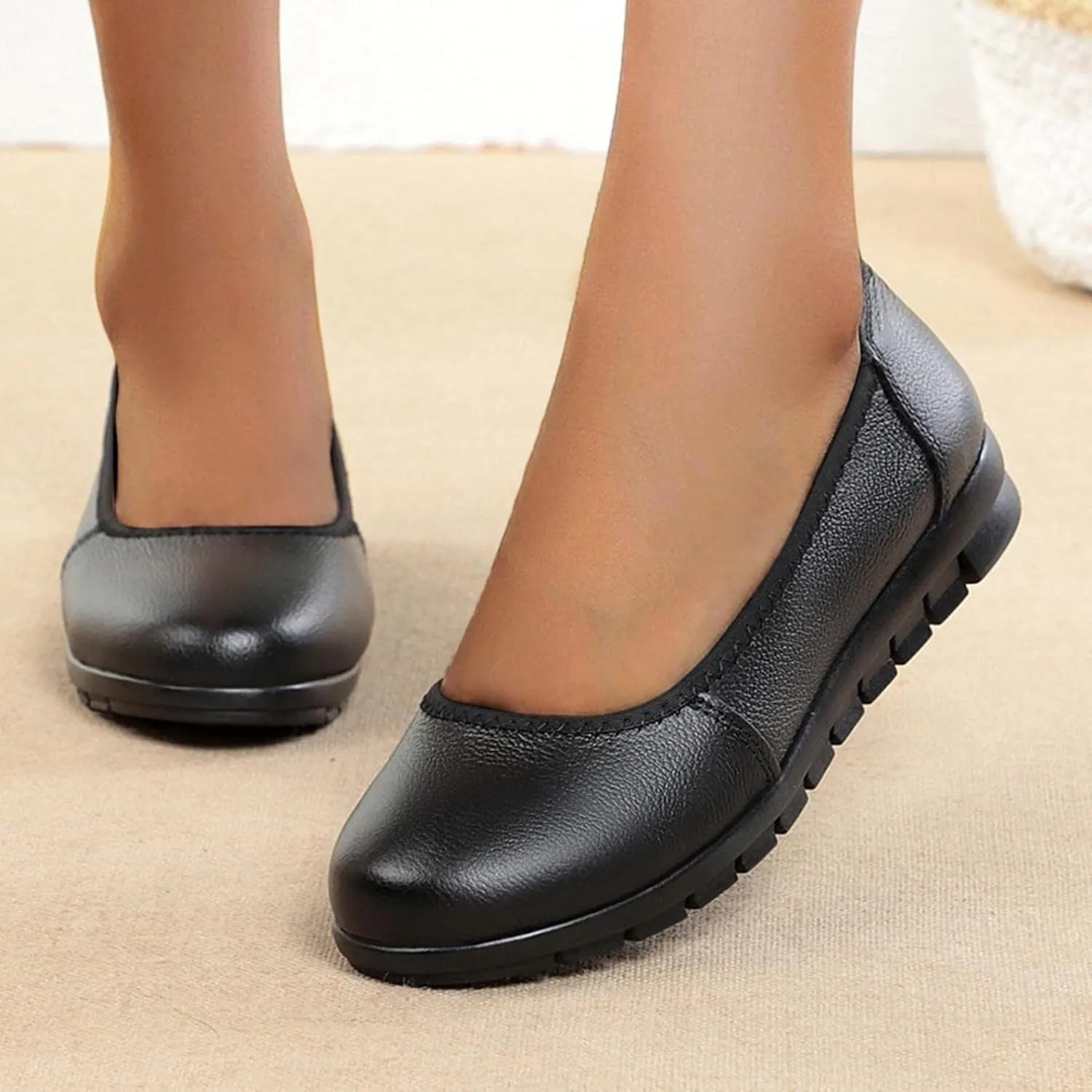 Hbeylia Slip On Loafers Walking Shoes For Women Casual Soft Comfort Leather Round Toe Non Slip Wedge Low Heels Ballet Flats Fashion Business Formal Work Nurse Dress Oxfords Driving Boat Shoes