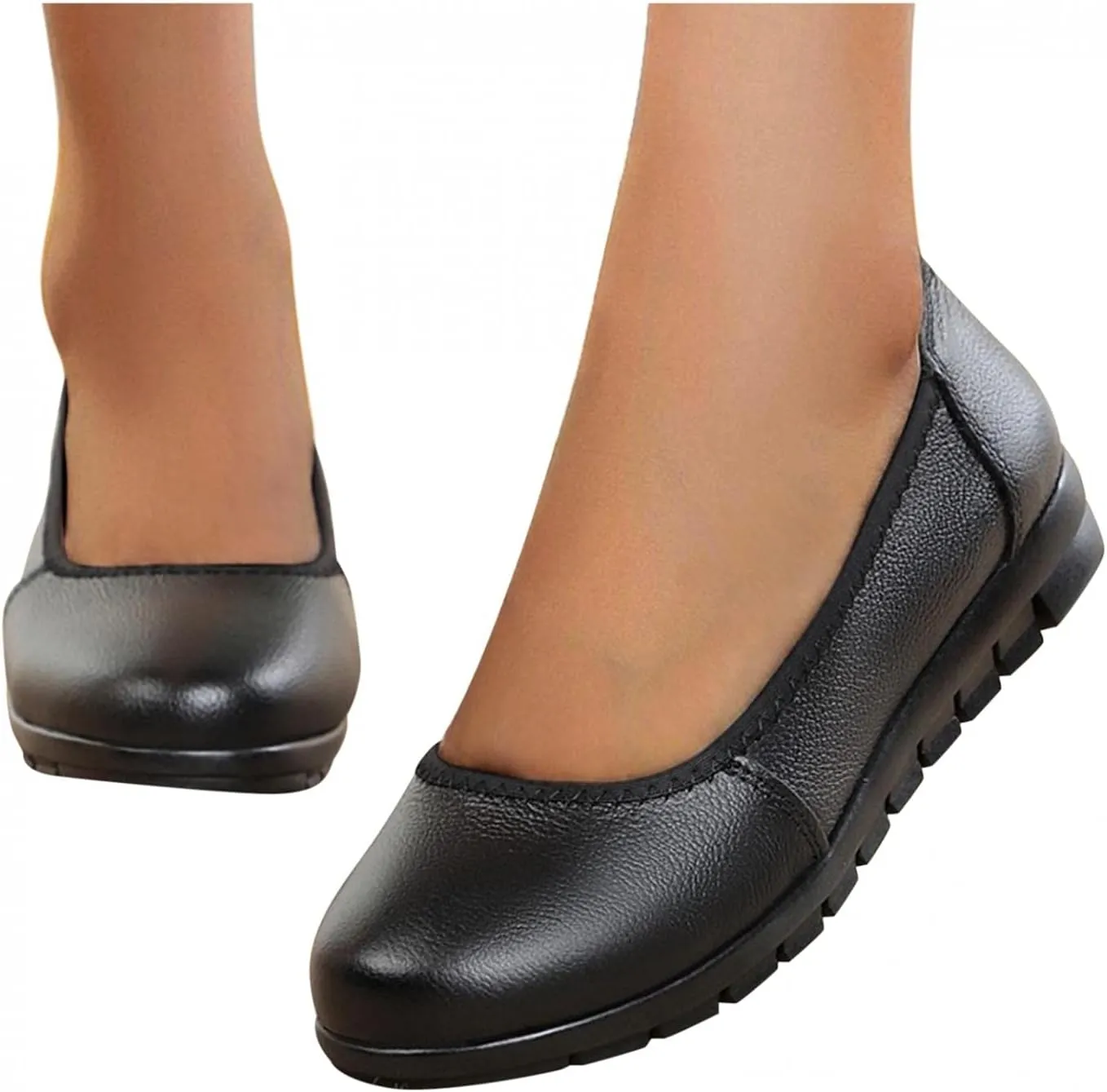Hbeylia Slip On Loafers Walking Shoes For Women Casual Soft Comfort Leather Round Toe Non Slip Wedge Low Heels Ballet Flats Fashion Business Formal Work Nurse Dress Oxfords Driving Boat Shoes