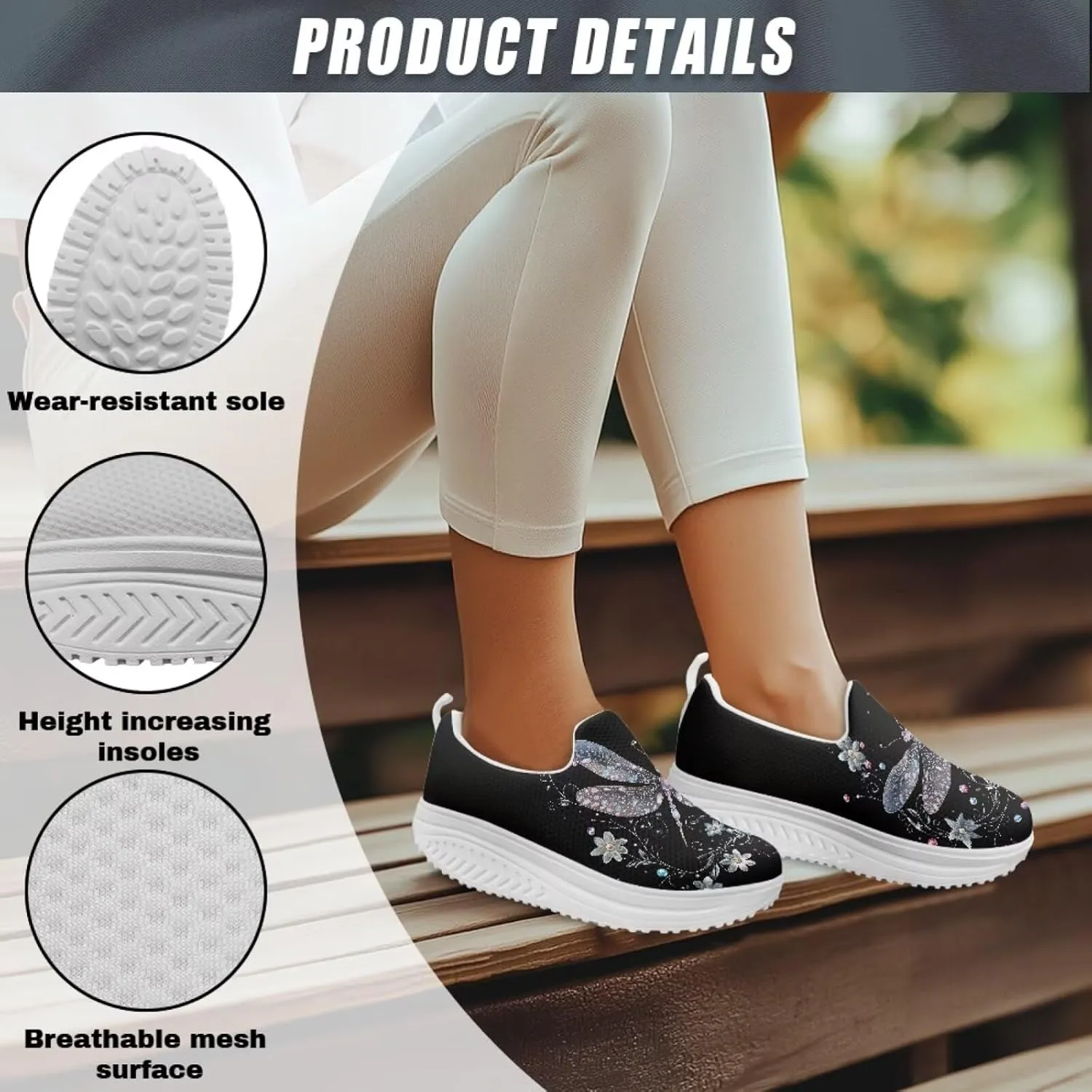 Howilath Insects Print Walking Sneakers Women Comfort Platform Shoes Rocking Shoes Slip-on Lightweight Athletic Footwear