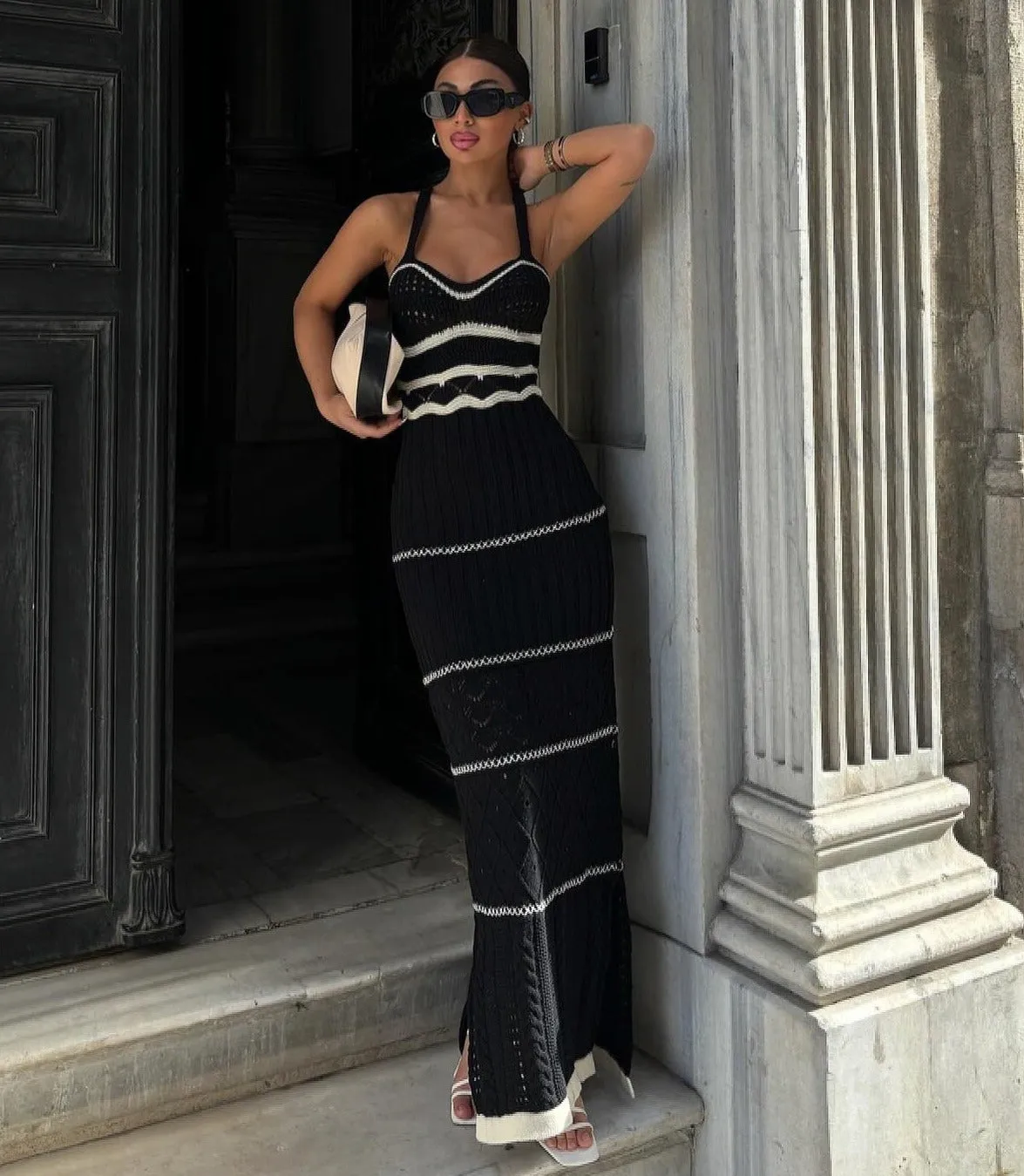 knitted contrast Bohemian sling dress
