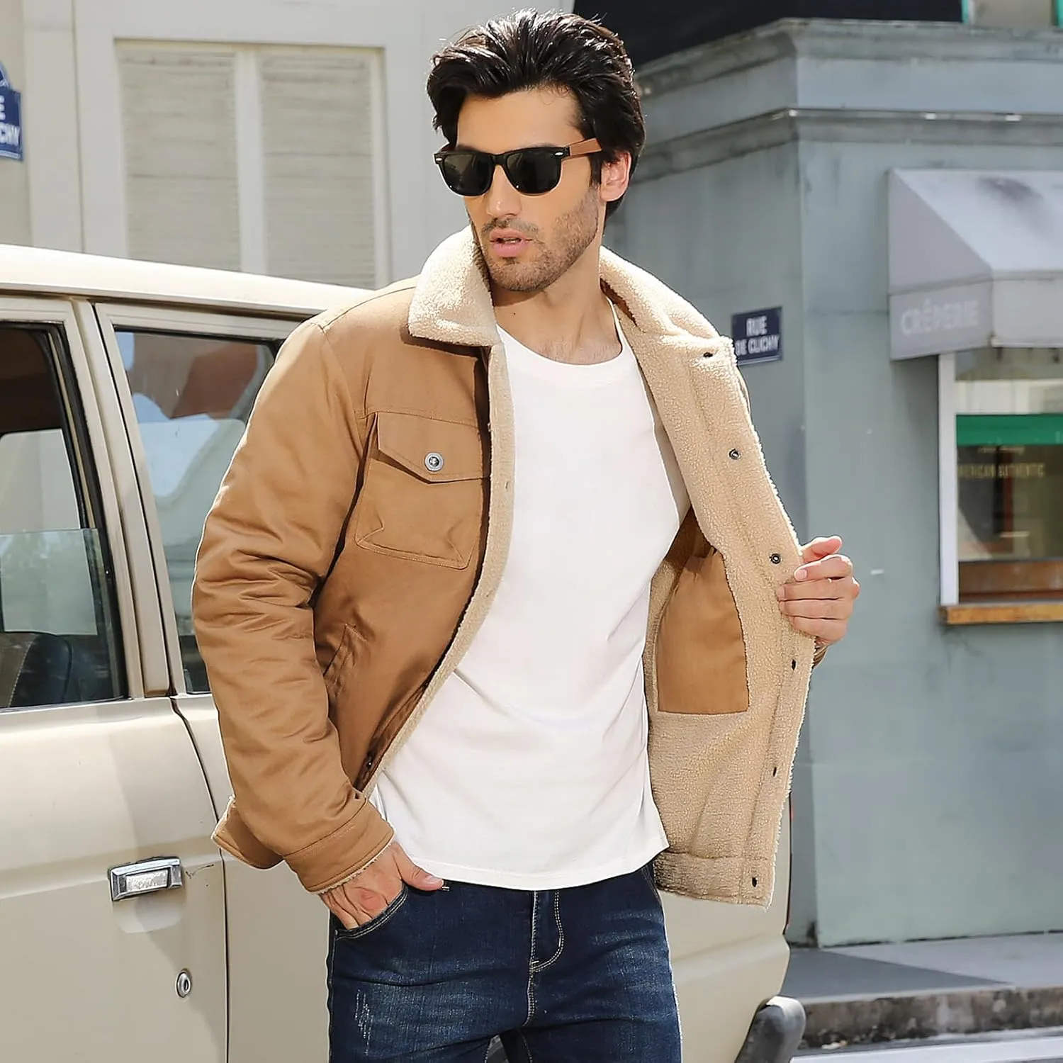 Mens Winter Jacket Thick Thermal Cotton Warm Fleece Lined Sherpa Jacket Trucker Lapel Work Cargo Jackets Coat Outerwear
