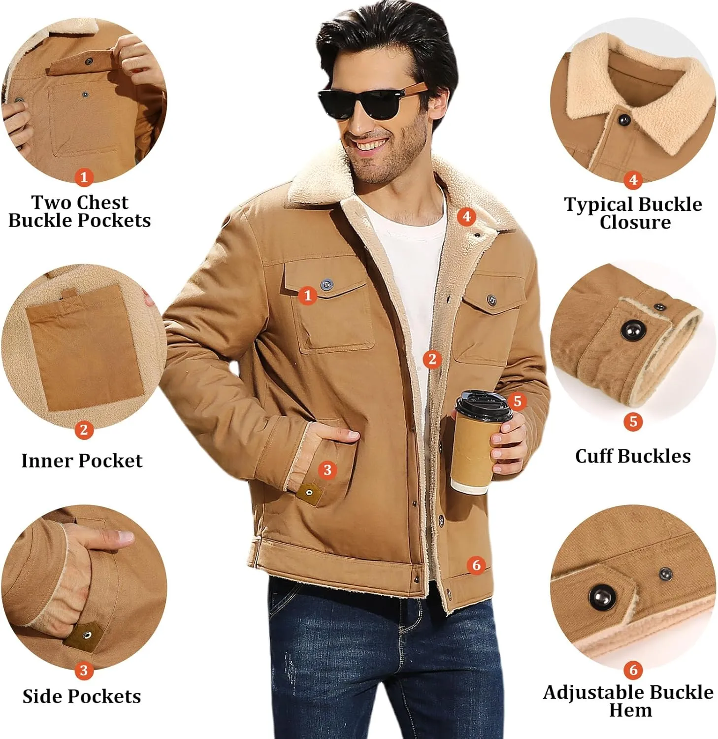 Mens Winter Jacket Thick Thermal Cotton Warm Fleece Lined Sherpa Jacket Trucker Lapel Work Cargo Jackets Coat Outerwear