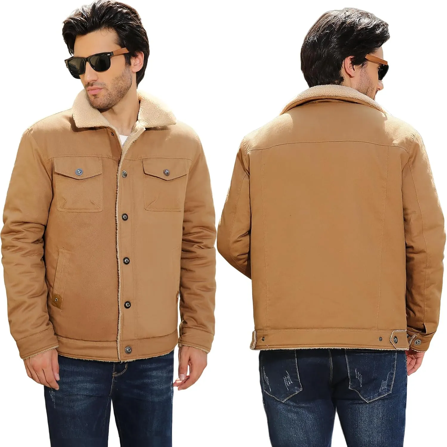 Mens Winter Jacket Thick Thermal Cotton Warm Fleece Lined Sherpa Jacket Trucker Lapel Work Cargo Jackets Coat Outerwear