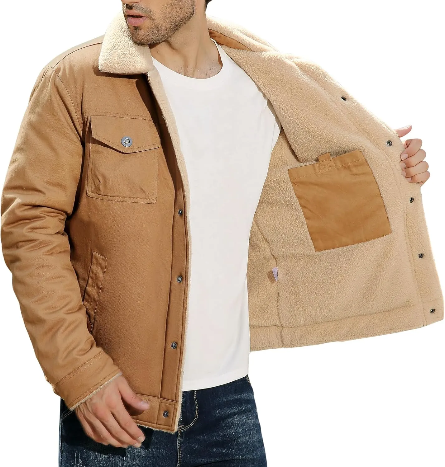 Mens Winter Jacket Thick Thermal Cotton Warm Fleece Lined Sherpa Jacket Trucker Lapel Work Cargo Jackets Coat Outerwear