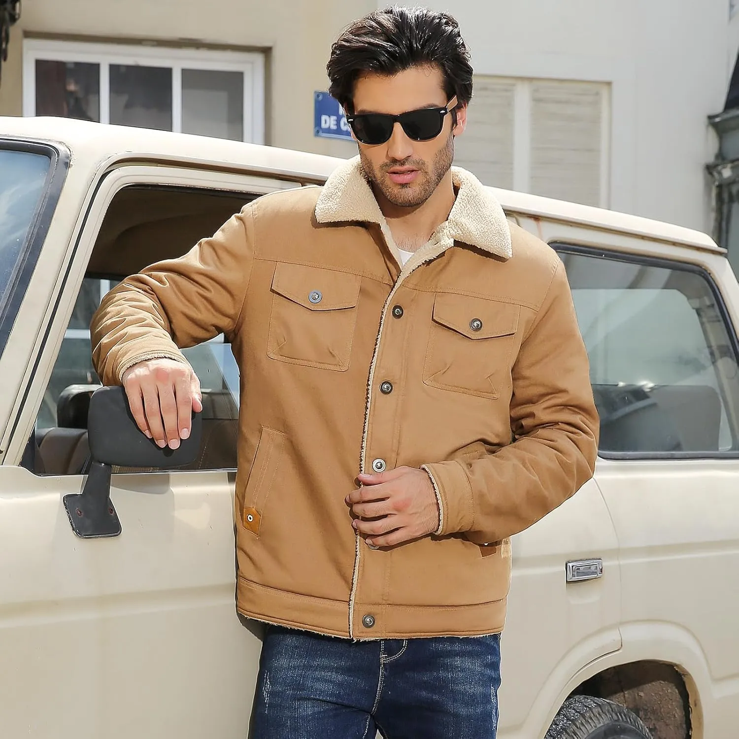 Mens Winter Jacket Thick Thermal Cotton Warm Fleece Lined Sherpa Jacket Trucker Lapel Work Cargo Jackets Coat Outerwear