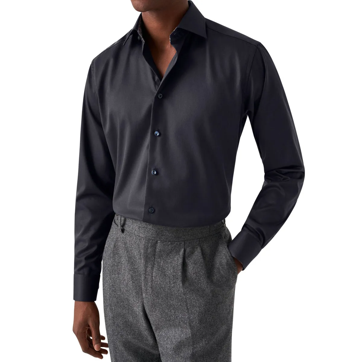 Navy Paisley Trim Signature Twill Slim Fit Shirt