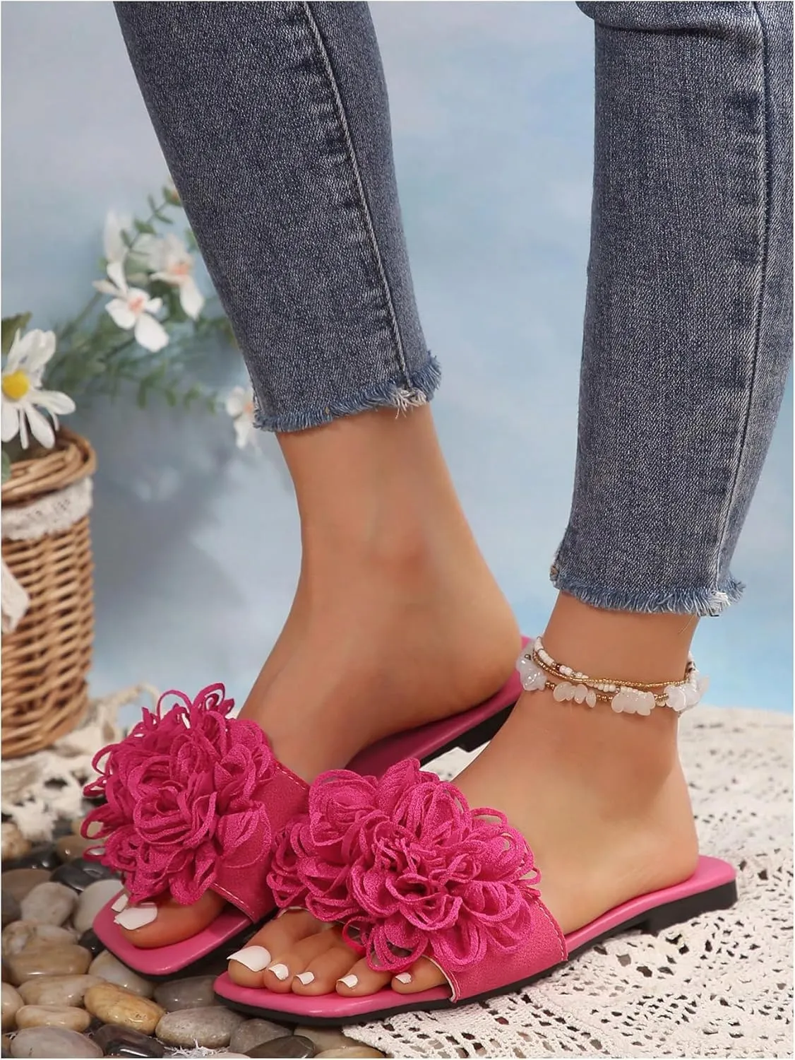 OYOANGLE Women's 3D Floral Flat Sandals Square Open Toe PU Leather Slip on Slides
