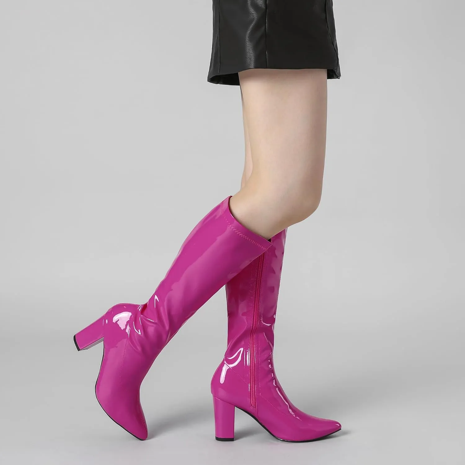 Perphy Go Go Boot Patent Leather Chunky Heels Knee High Boots for Women