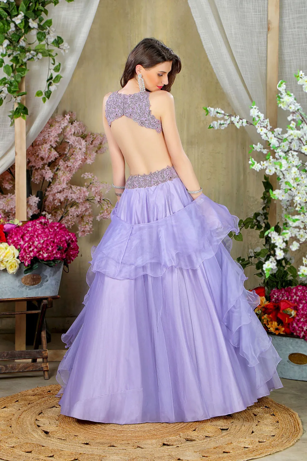 Stylish Mauve embroidered blouse with skirt and scarf