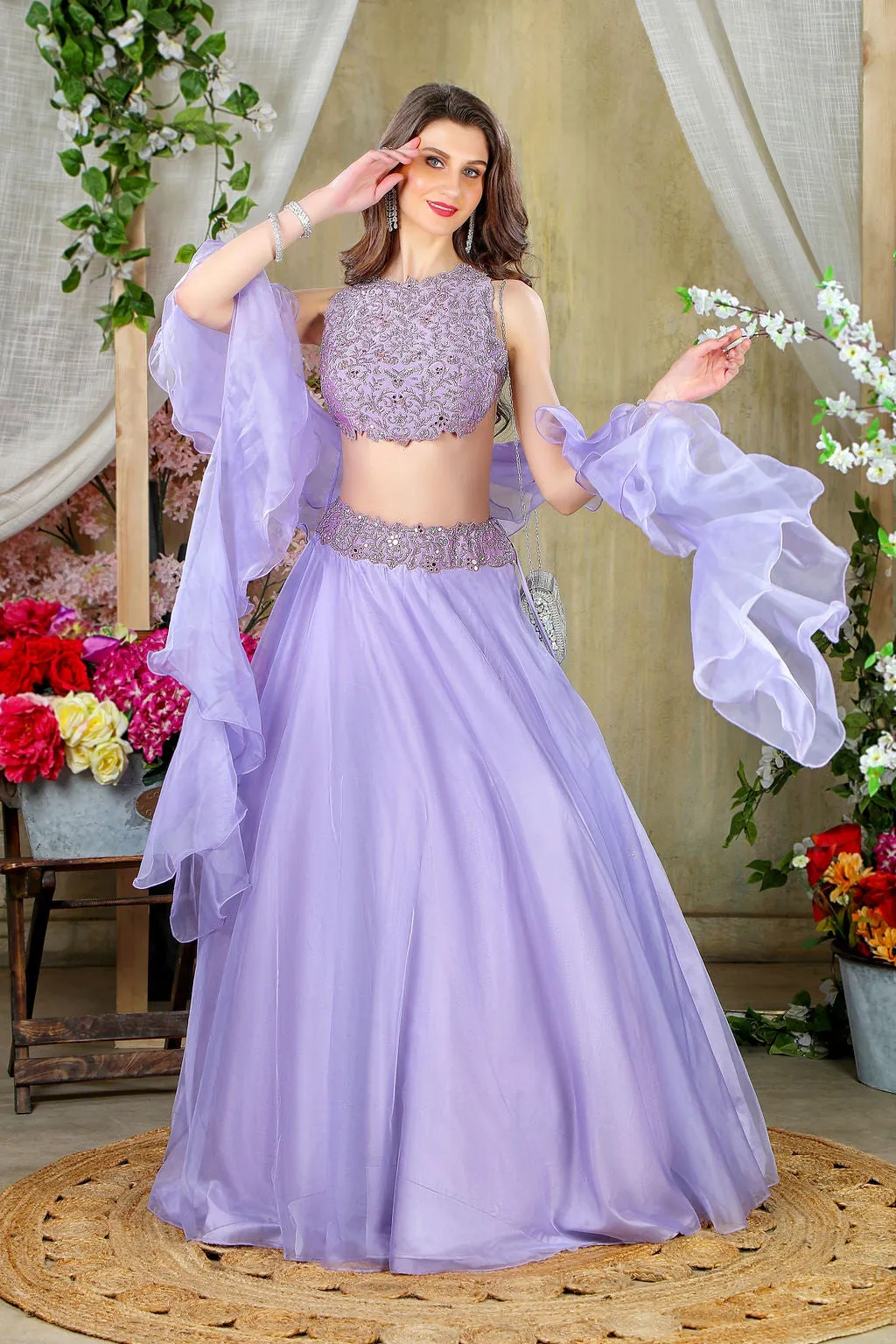 Stylish Mauve embroidered blouse with skirt and scarf