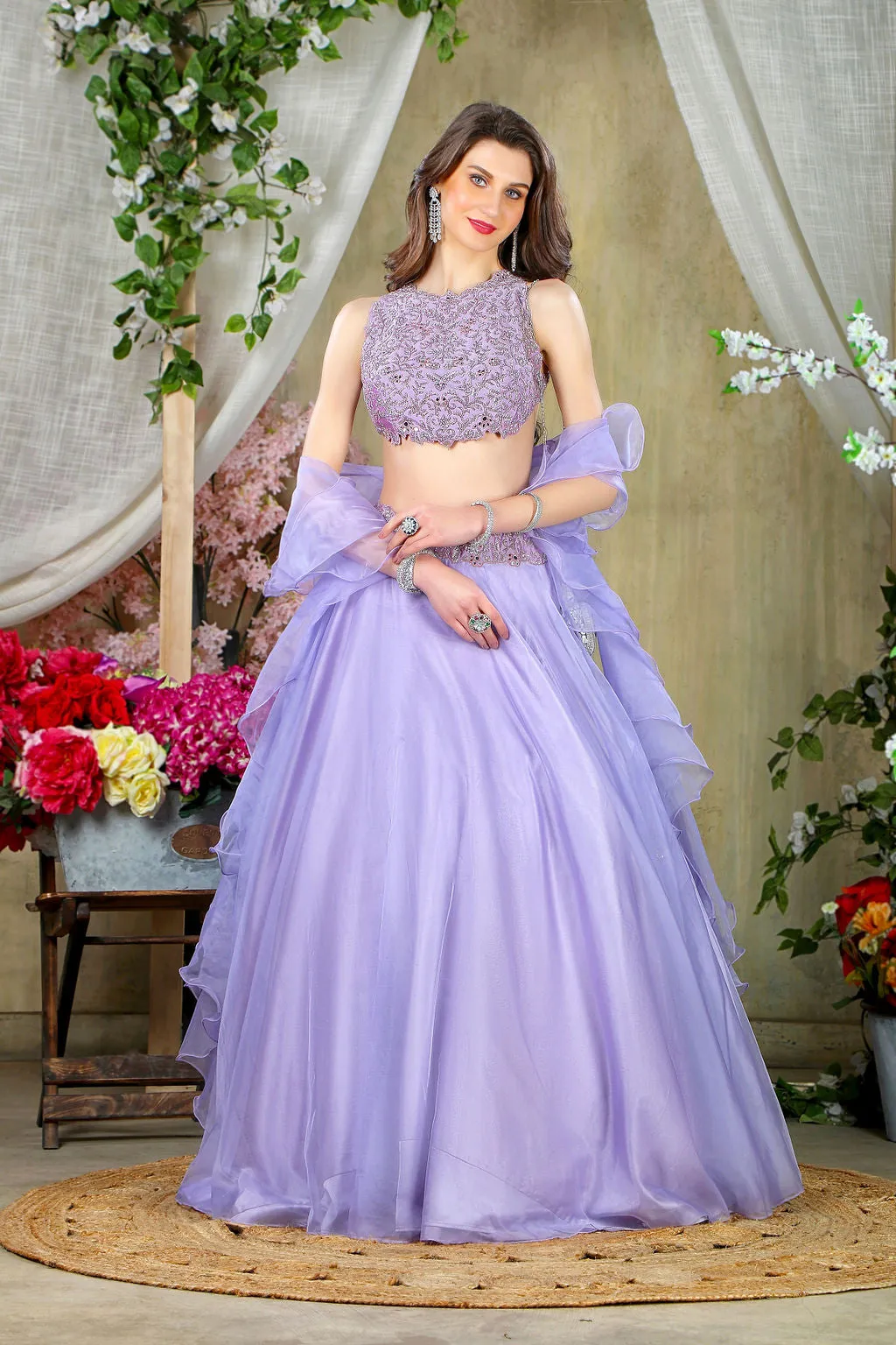 Stylish Mauve embroidered blouse with skirt and scarf