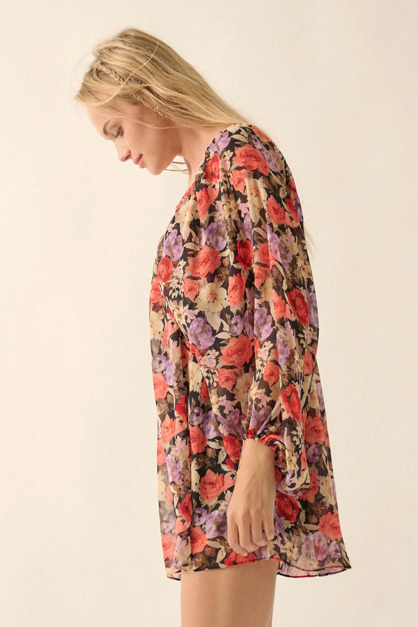 Vibrant Blooms Floral Chiffon Kimono Mini Dress