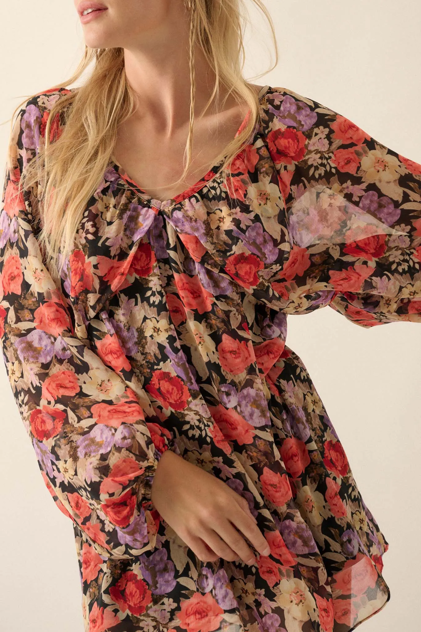 Vibrant Blooms Floral Chiffon Kimono Mini Dress