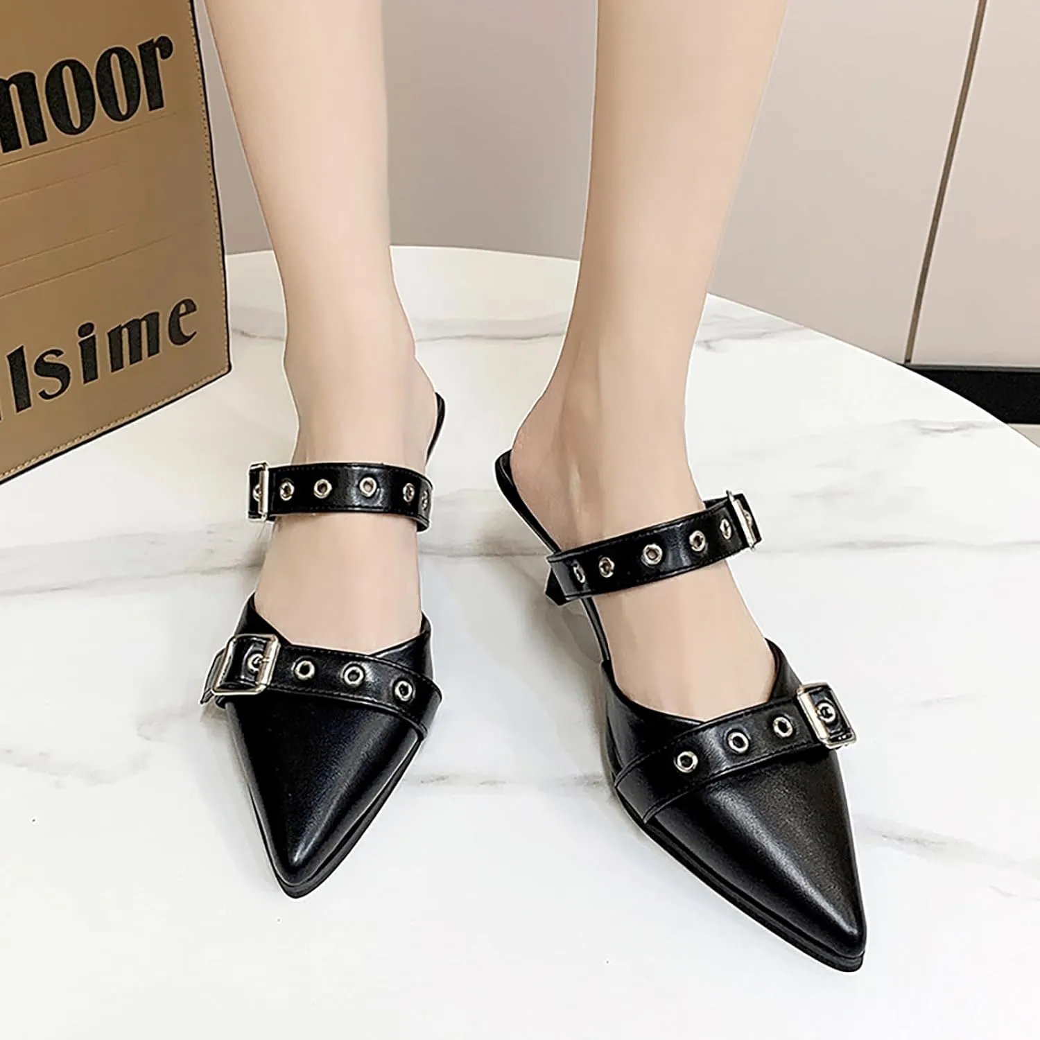 WENOREG Women's Pointed Toe Metal Buckle Kitten Heels Mule Sandals,Summer Adjustable Buckle Sexy Metal Mid Heeled Arch Support Comfortable Slip-On Leather Dress Party Wedding Shoes