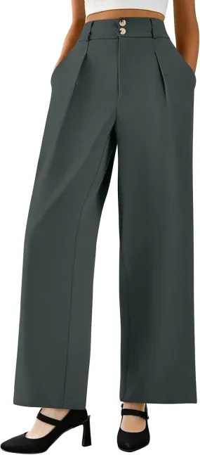 Wide Leg Dress Pants Women Baggy Button High Waisted Palazzo Pants Comfy Flowy Business Casual Slacks with Pockets