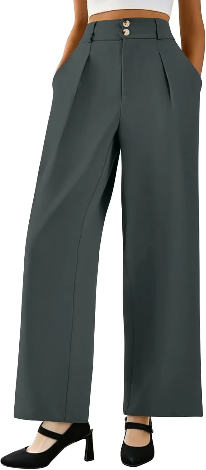 Wide Leg Dress Pants Women Baggy Button High Waisted Palazzo Pants Comfy Flowy Business Casual Slacks with Pockets