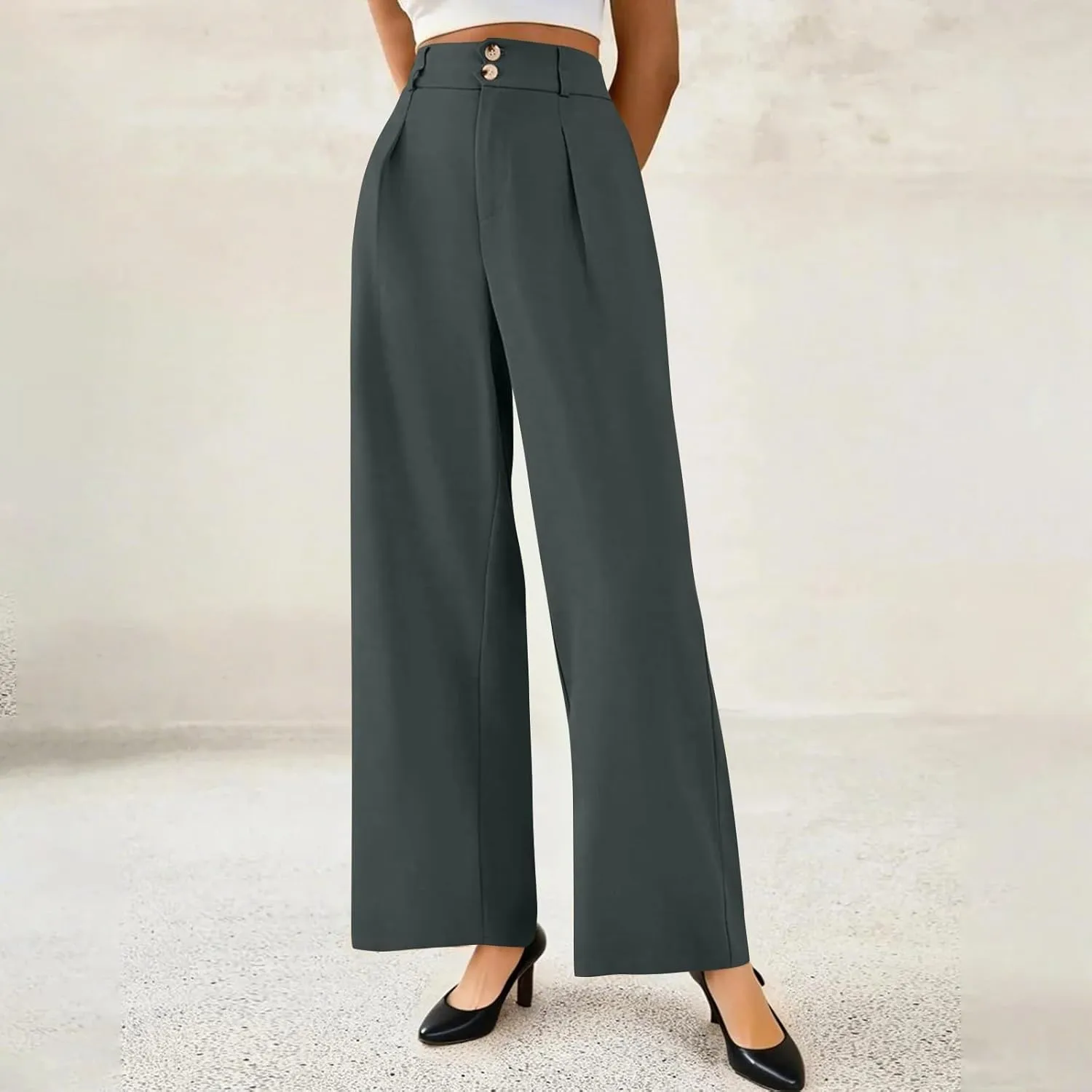 Wide Leg Dress Pants Women Baggy Button High Waisted Palazzo Pants Comfy Flowy Business Casual Slacks with Pockets