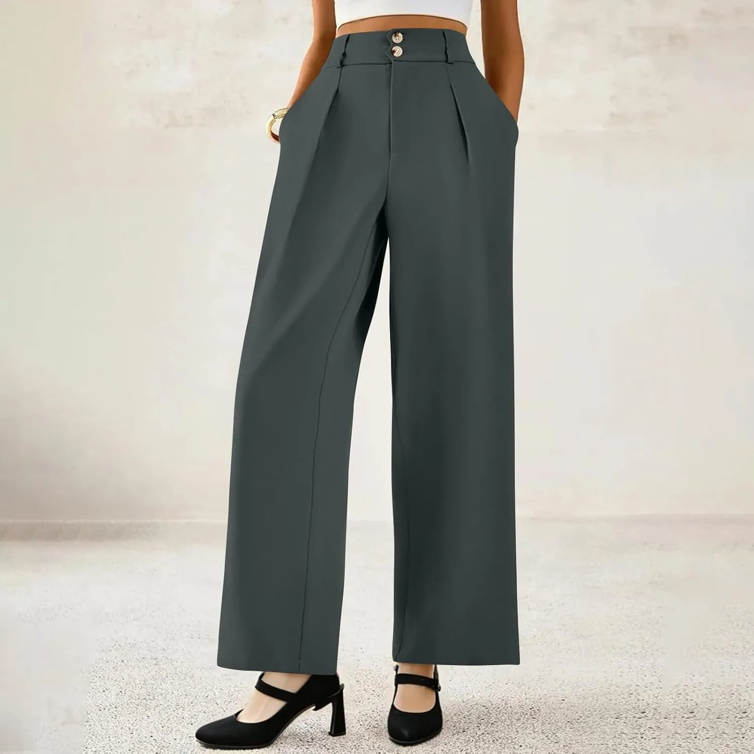 Wide Leg Dress Pants Women Baggy Button High Waisted Palazzo Pants Comfy Flowy Business Casual Slacks with Pockets