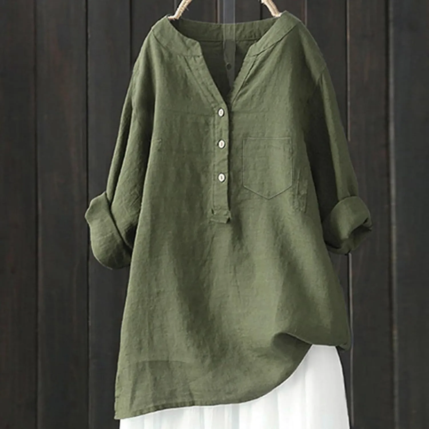 Womens Linen Shirts V-Neck Button Blouses Solid Color Henley Tee Top Short Sleeve Loose Fit T-Shirt