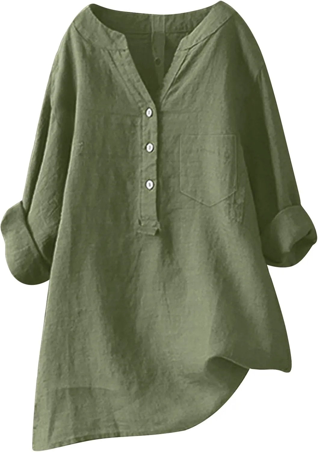 Womens Linen Shirts V-Neck Button Blouses Solid Color Henley Tee Top Short Sleeve Loose Fit T-Shirt