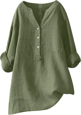 Womens Linen Shirts V-Neck Button Blouses Solid Color Henley Tee Top Short Sleeve Loose Fit T-Shirt