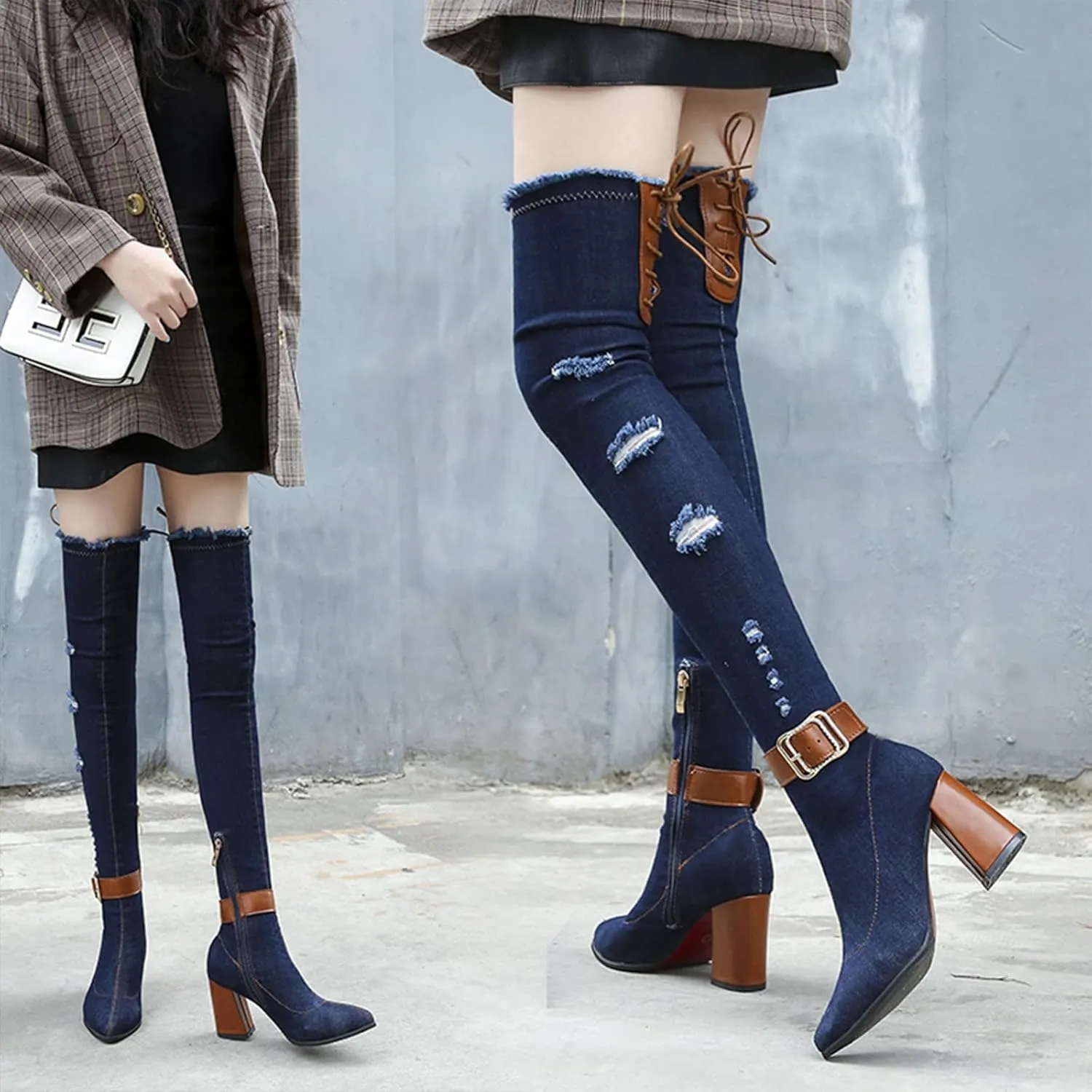 Women's Stretch Denim Thigh High Boots Fashionable Pointed Toe Ankle strap buckle Chunky High Heels Motorcycle Boots With Side Zippers Over The Knee Blue Jean Boots