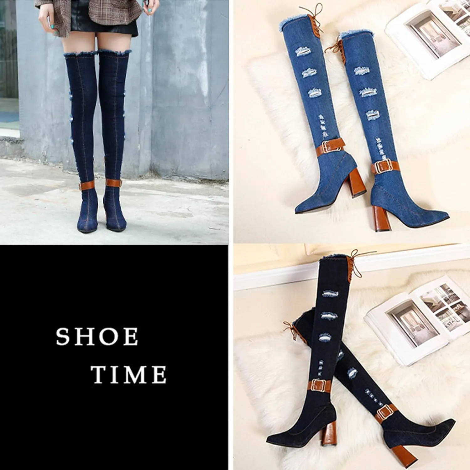 Women's Stretch Denim Thigh High Boots Fashionable Pointed Toe Ankle strap buckle Chunky High Heels Motorcycle Boots With Side Zippers Over The Knee Blue Jean Boots