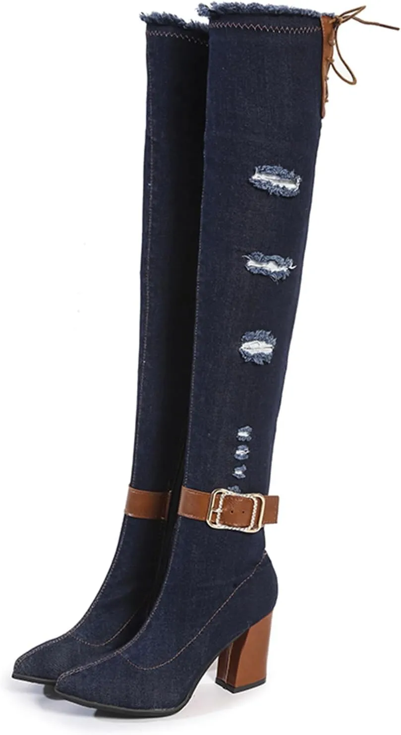 Women's Stretch Denim Thigh High Boots Fashionable Pointed Toe Ankle strap buckle Chunky High Heels Motorcycle Boots With Side Zippers Over The Knee Blue Jean Boots