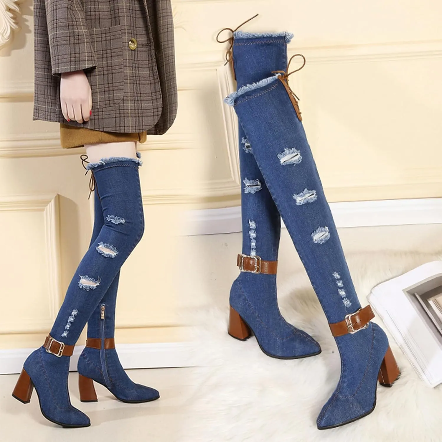 Women's Stretch Denim Thigh High Boots Fashionable Pointed Toe Ankle strap buckle Chunky High Heels Motorcycle Boots With Side Zippers Over The Knee Blue Jean Boots