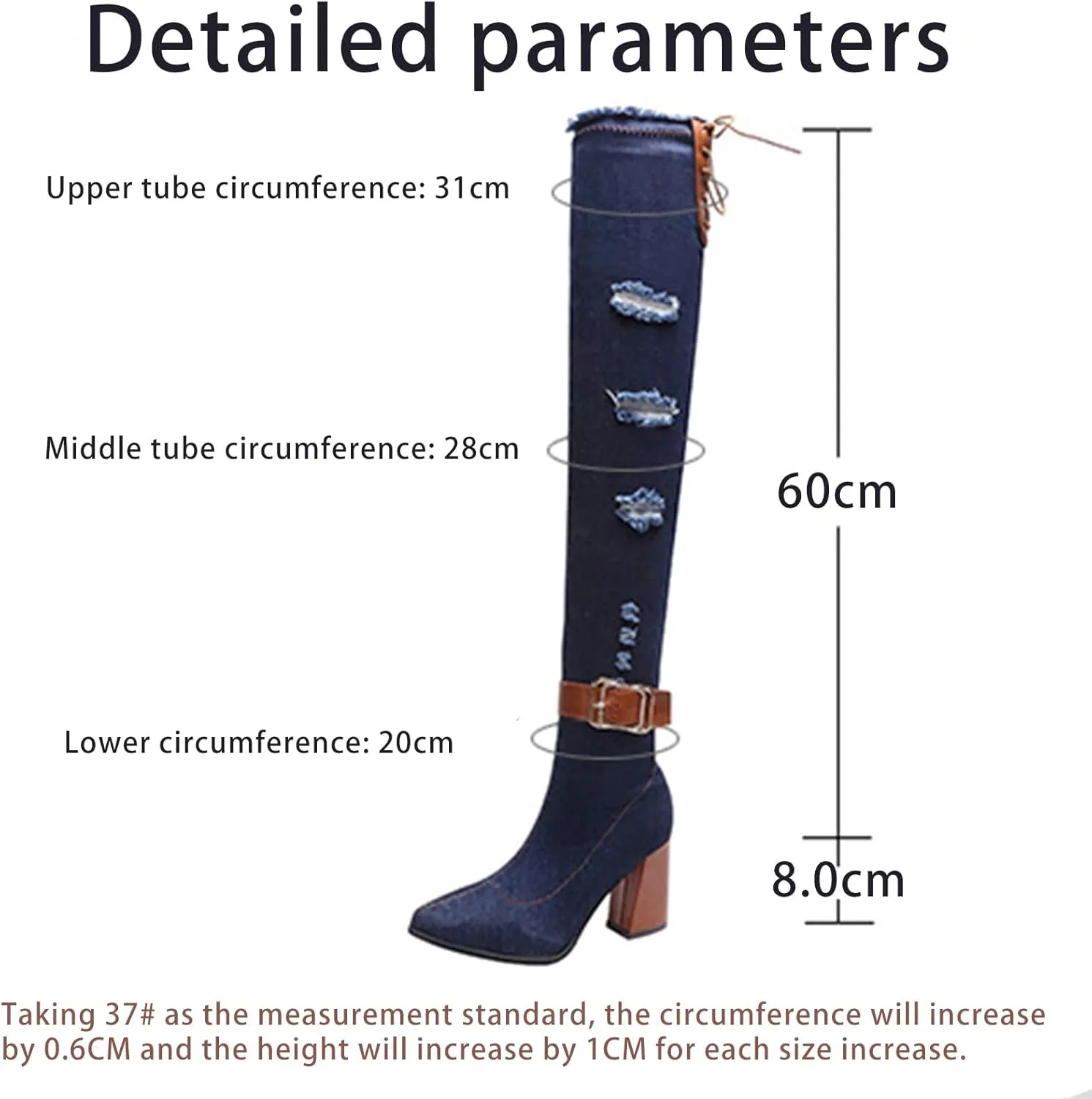 Women's Stretch Denim Thigh High Boots Fashionable Pointed Toe Ankle strap buckle Chunky High Heels Motorcycle Boots With Side Zippers Over The Knee Blue Jean Boots