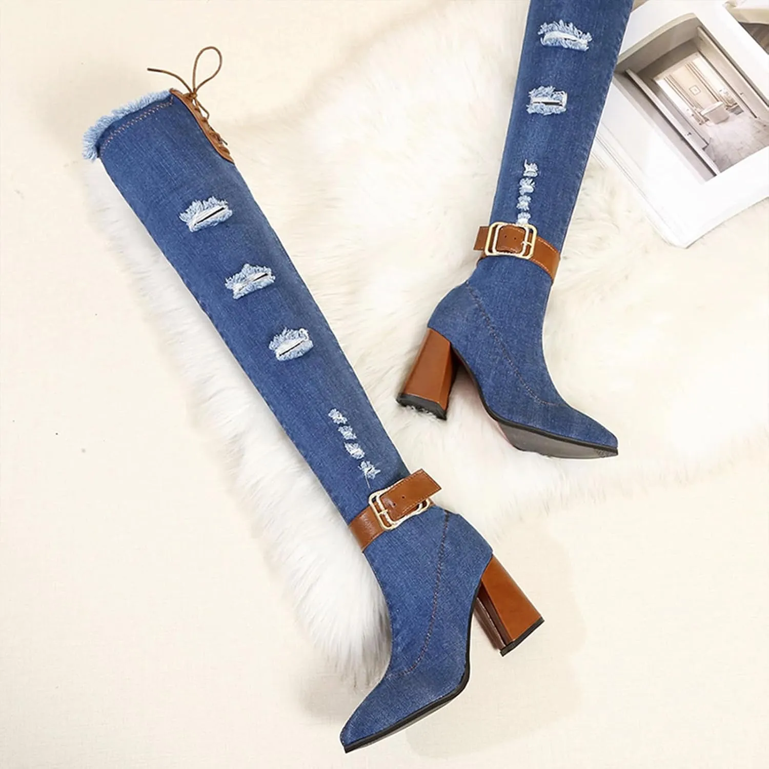 Women's Stretch Denim Thigh High Boots Fashionable Pointed Toe Ankle strap buckle Chunky High Heels Motorcycle Boots With Side Zippers Over The Knee Blue Jean Boots