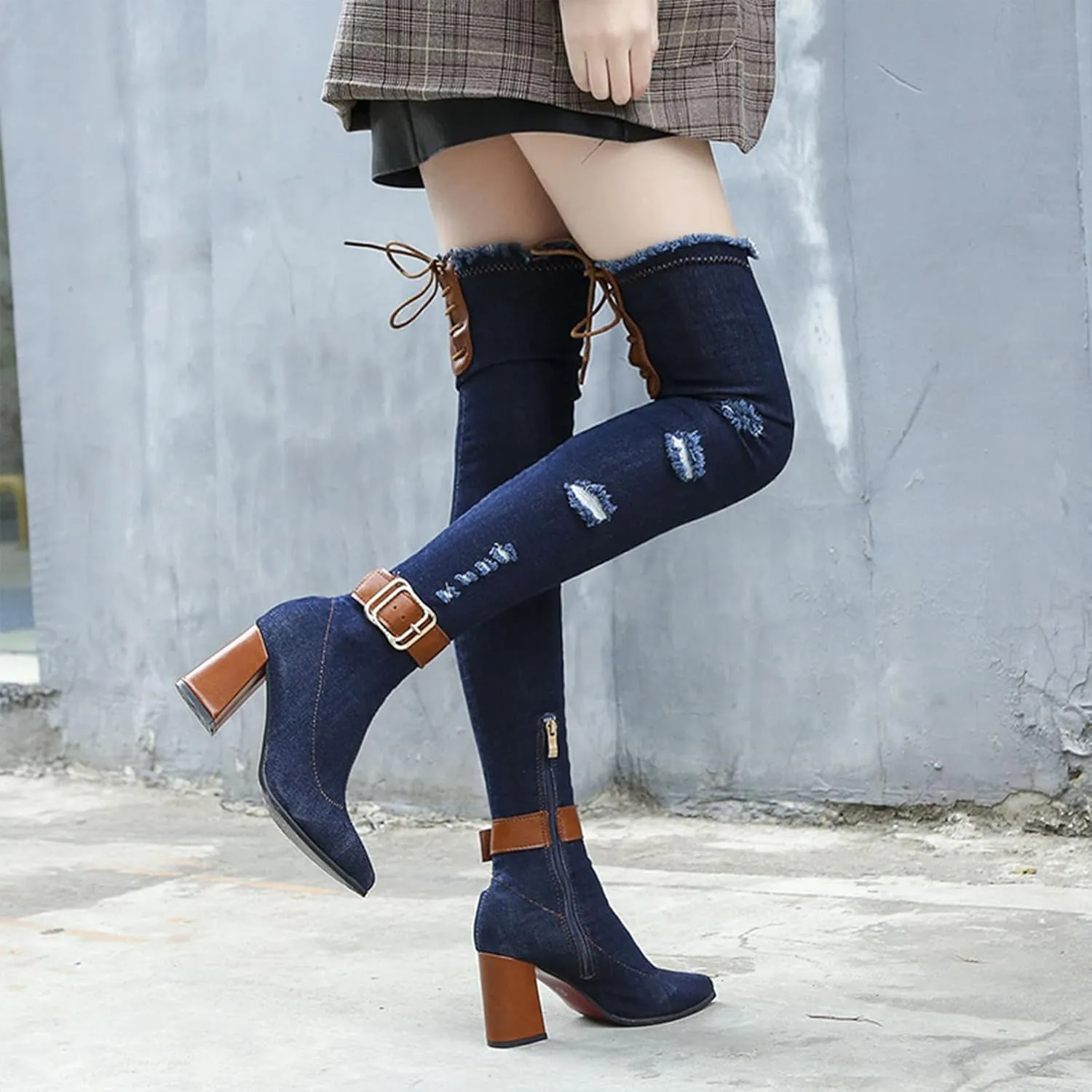 Women's Stretch Denim Thigh High Boots Fashionable Pointed Toe Ankle strap buckle Chunky High Heels Motorcycle Boots With Side Zippers Over The Knee Blue Jean Boots