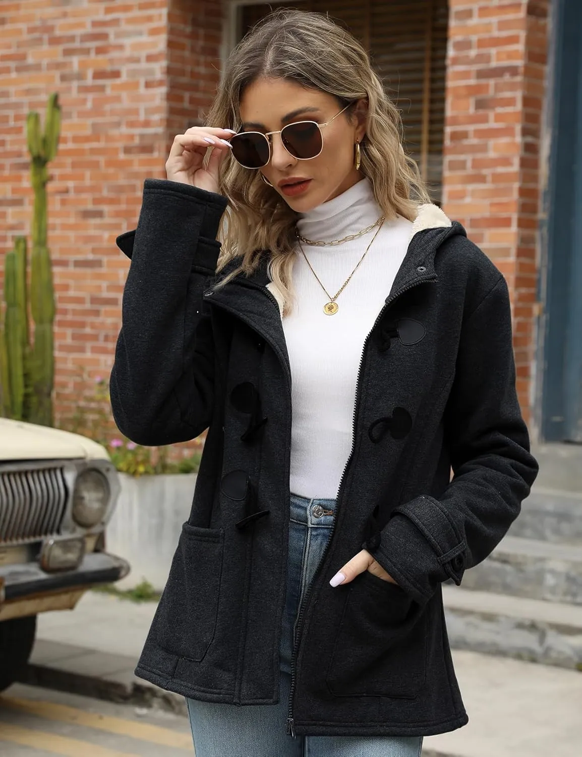 Wyeysyt Winter Jackets for Women Fleece Sherpa Lined Jacket Womens Duffle Toggle Coat Warm Hooded Casual Jacket