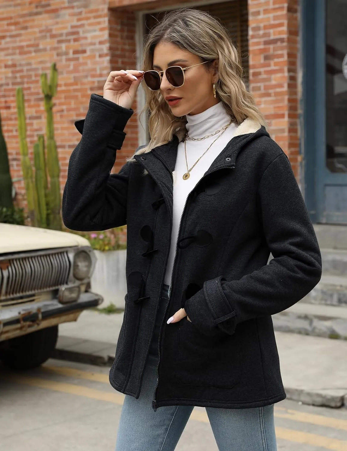 Wyeysyt Winter Jackets for Women Fleece Sherpa Lined Jacket Womens Duffle Toggle Coat Warm Hooded Casual Jacket