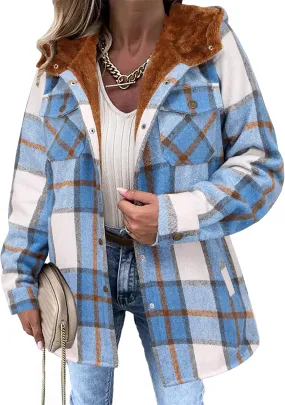 Zeagoo Womens Plaid Shacket Jacket Long Sleeve Button Down Fleece Hooded Jackets Warm Coat